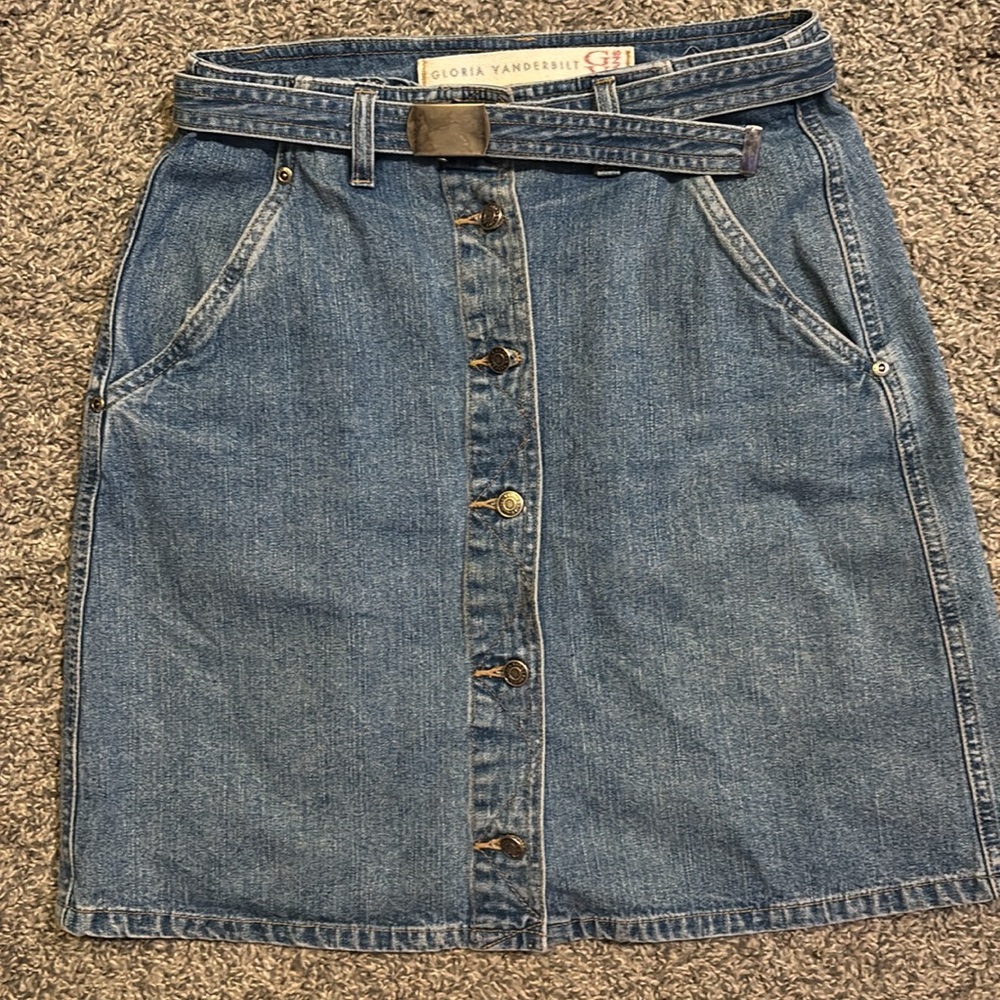 Denim button down skirt, adjustable belt & has deep - Picture 1 of 8